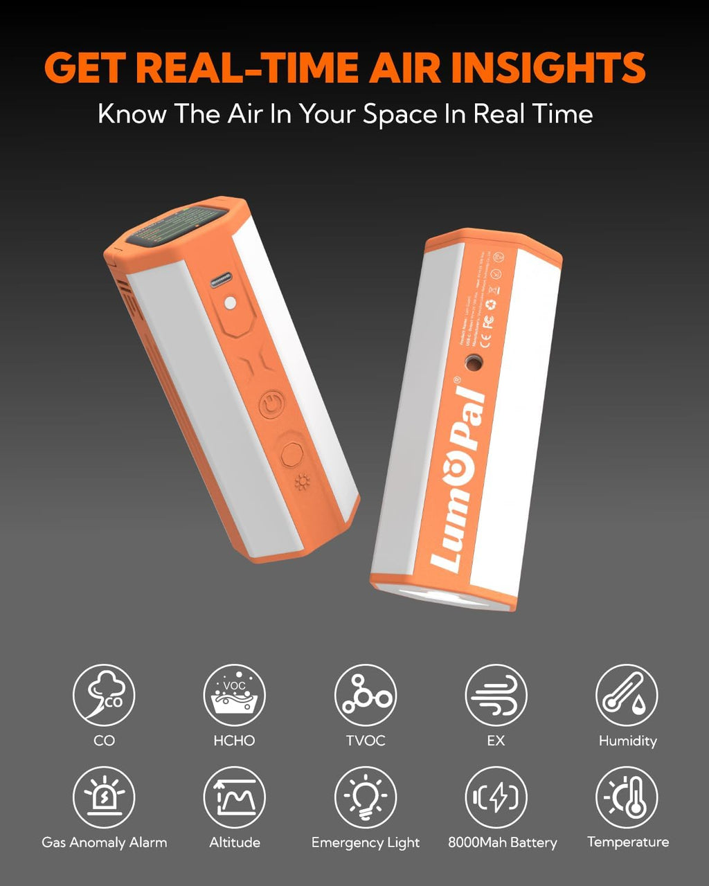 Portable Air Monitor, Lumopal Air Sensor with CO/TVOC/HCHO/EX/Humidity/Temp/Pressure Detector Indoor/Outdoor, VOC Meter CO Detector Gas Alert with 8000mah Long Lasting for Home Camping (Orange)