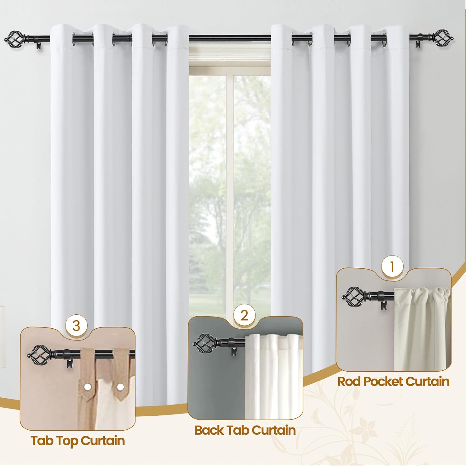 KAMANINA 2 Pack Curtain Rods 32 to 58 Inches (2.6-4.8ft), 3/4 Inch Black Curtain Rods for Windows Splicing Adjustable Single Drapery Rod with Twisted Cage Finial, for Indoor and Outdoor