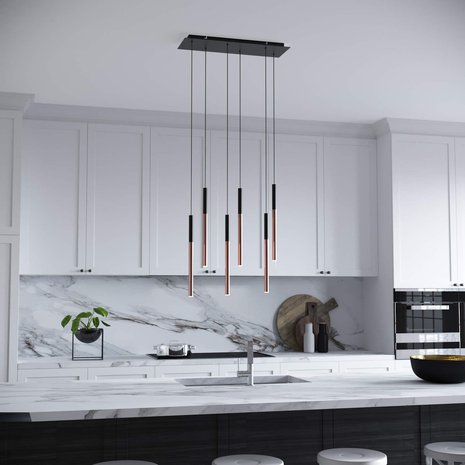 ALTAIR 6 Mini Pendant Lighting Black-Copper - LED Hanging Light Fixture for Kitchen Island, Bar, Foyer - Cluster Pendants - Dimmable, Adjustable Wire, Lamp Bulb Included