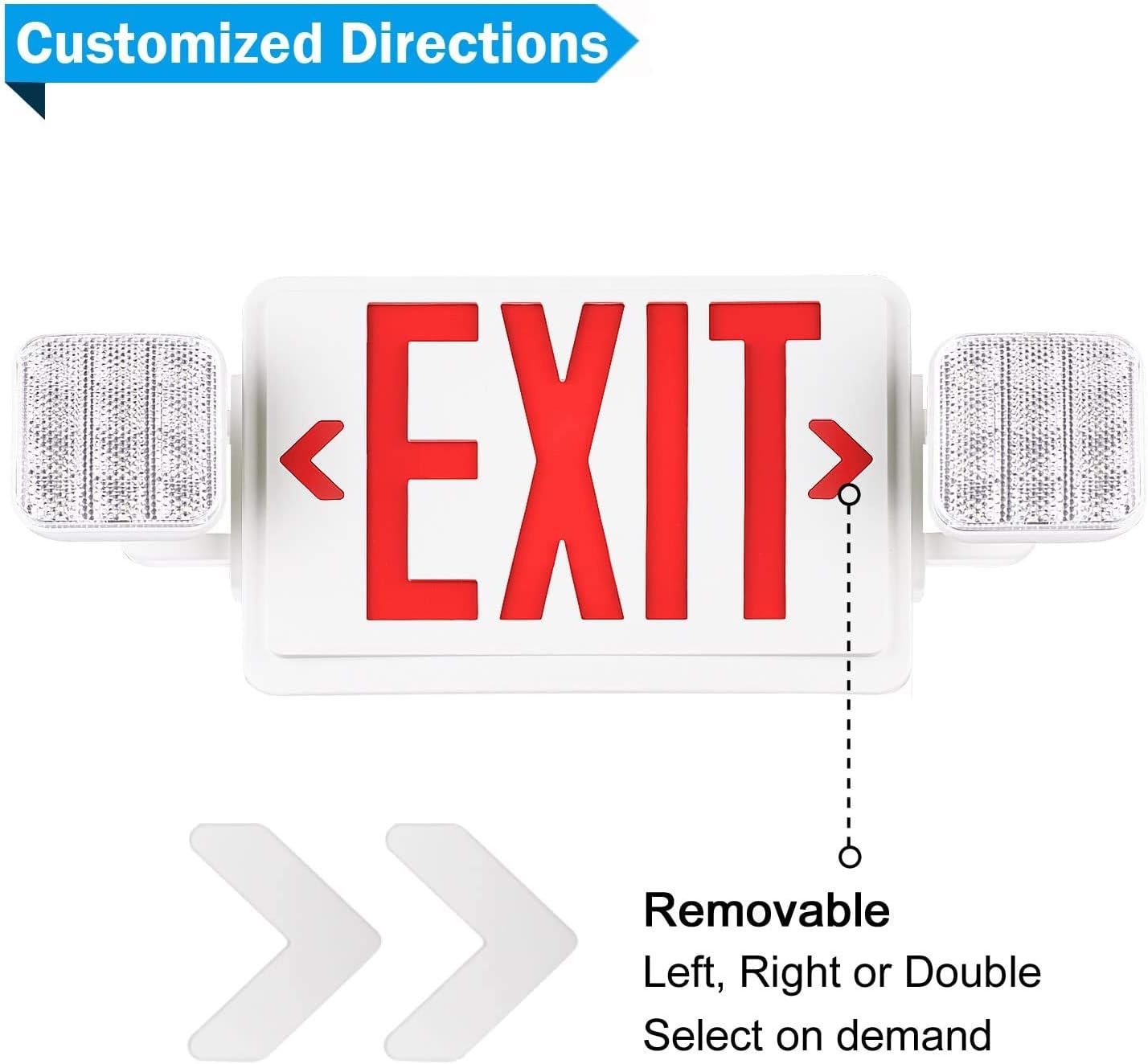 2 PACK LED Exit Sign Battery Backup with Emergency -EXIT Sign with 2 Adjustable Head Lights and Back Up Batteries- Emergency Exit Lighting, UL 924,120-277 VAC.
