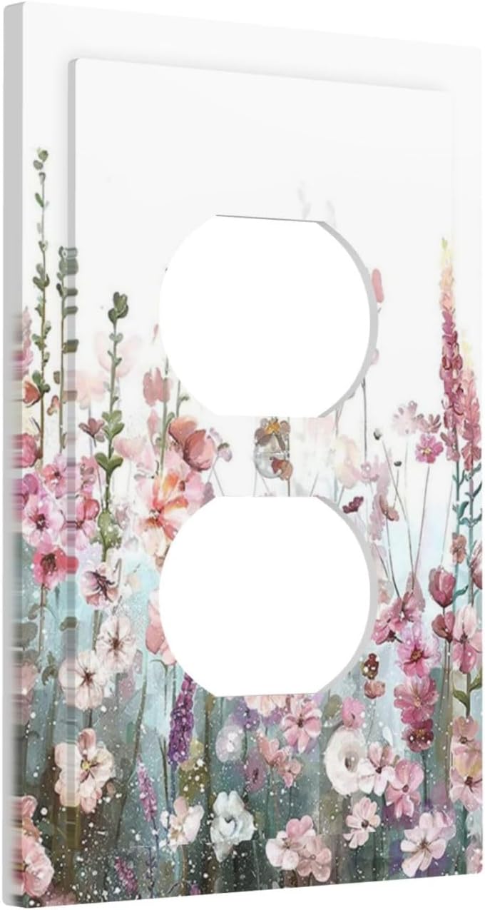 Colorful Flowers Pink Floral Watercolor Plant Outlet Covers 1 Gang Duplex Light Switch Cover Decorative Switch Plates Electrical Receptacle Faceplate Wall Plate for Bed Room Living Room Decor