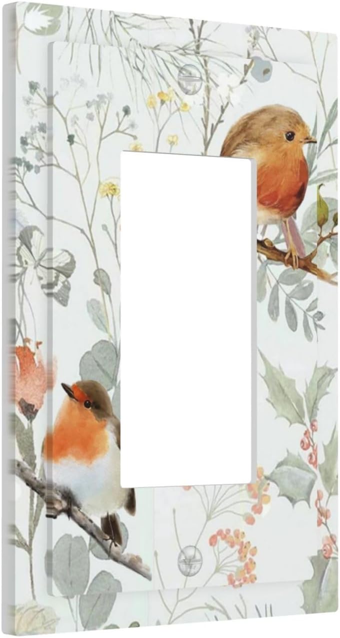 Decorative Outlet Covers Red Floral Berries Colorful Bird Plant 1 Gang Single Rocker Light Switch Cover Plate Wall Plates Gfci Faceplate For Bed Room Living Room Decor