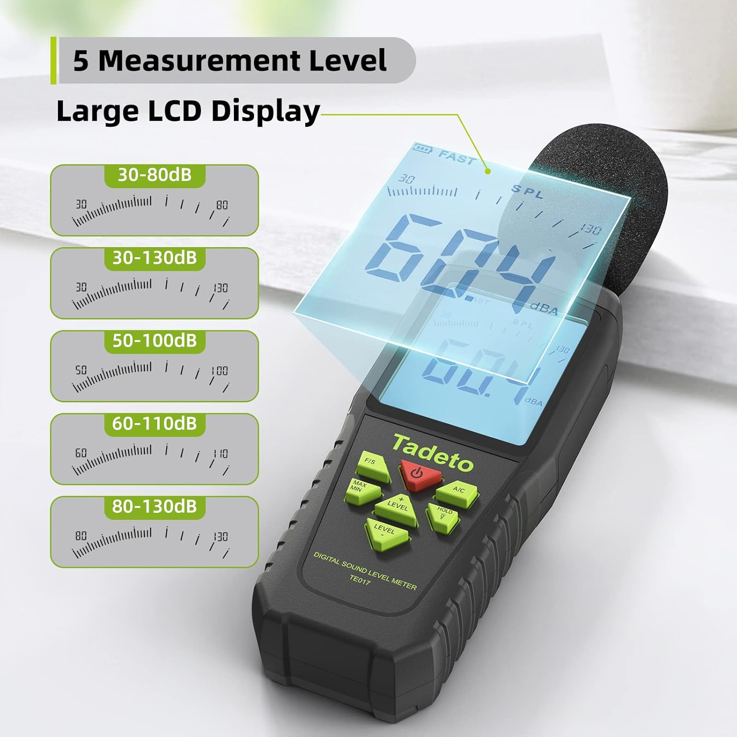 Decibel Meter, Tadeto Digital Sound Level Meter Portable SPL Meter 30dB to 130dB(5 Measurement Range) Backlight LCD Display, MAX/MIN Noise Measurement, Audible and Visual Alarms,Data Hold, A/C Mode
