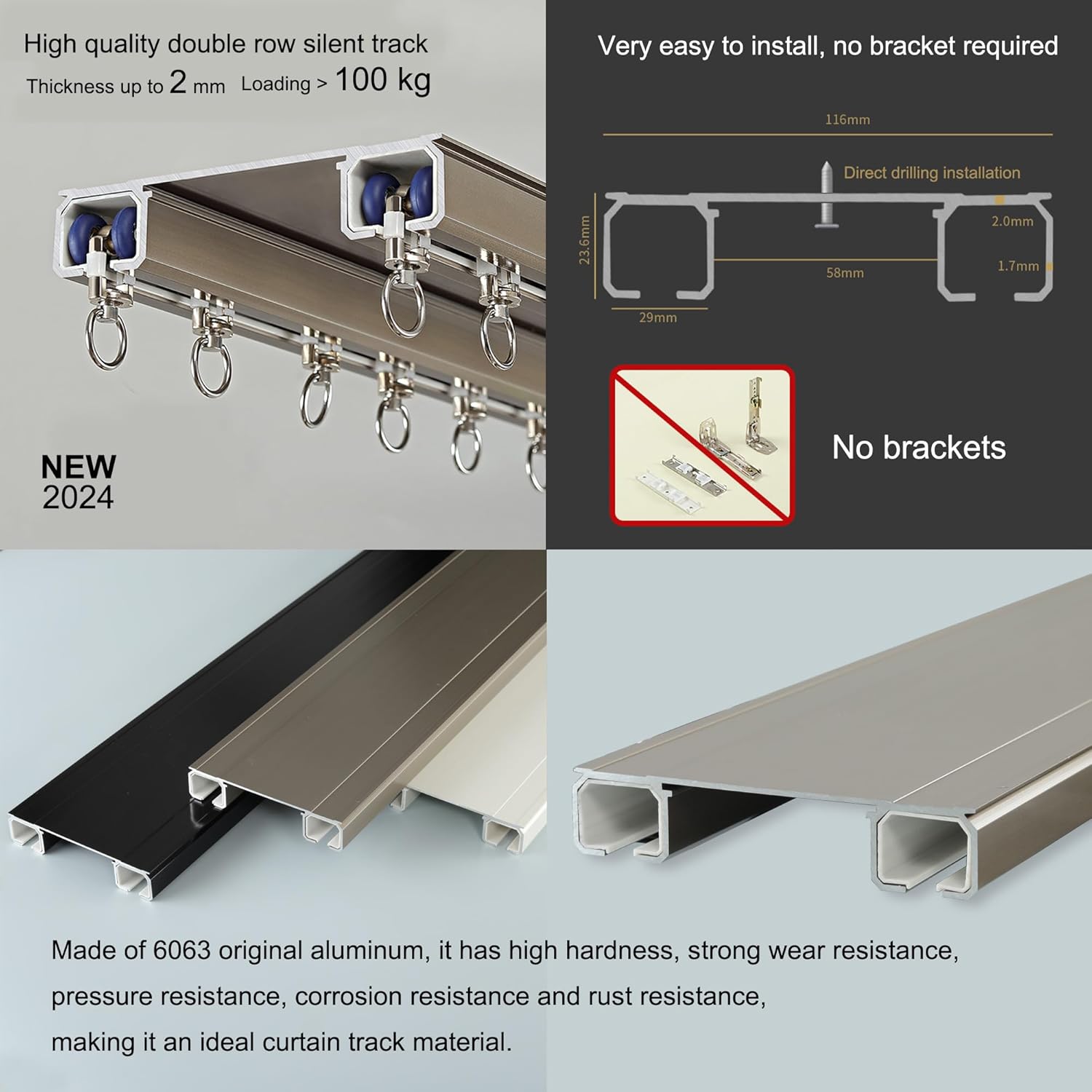 Double Row Ceiling Mounted Curtain Tracks - Double Rails for Curtains, Drapes, Room Dividers - Ceiling Mount System (Champagne, 4.5M)