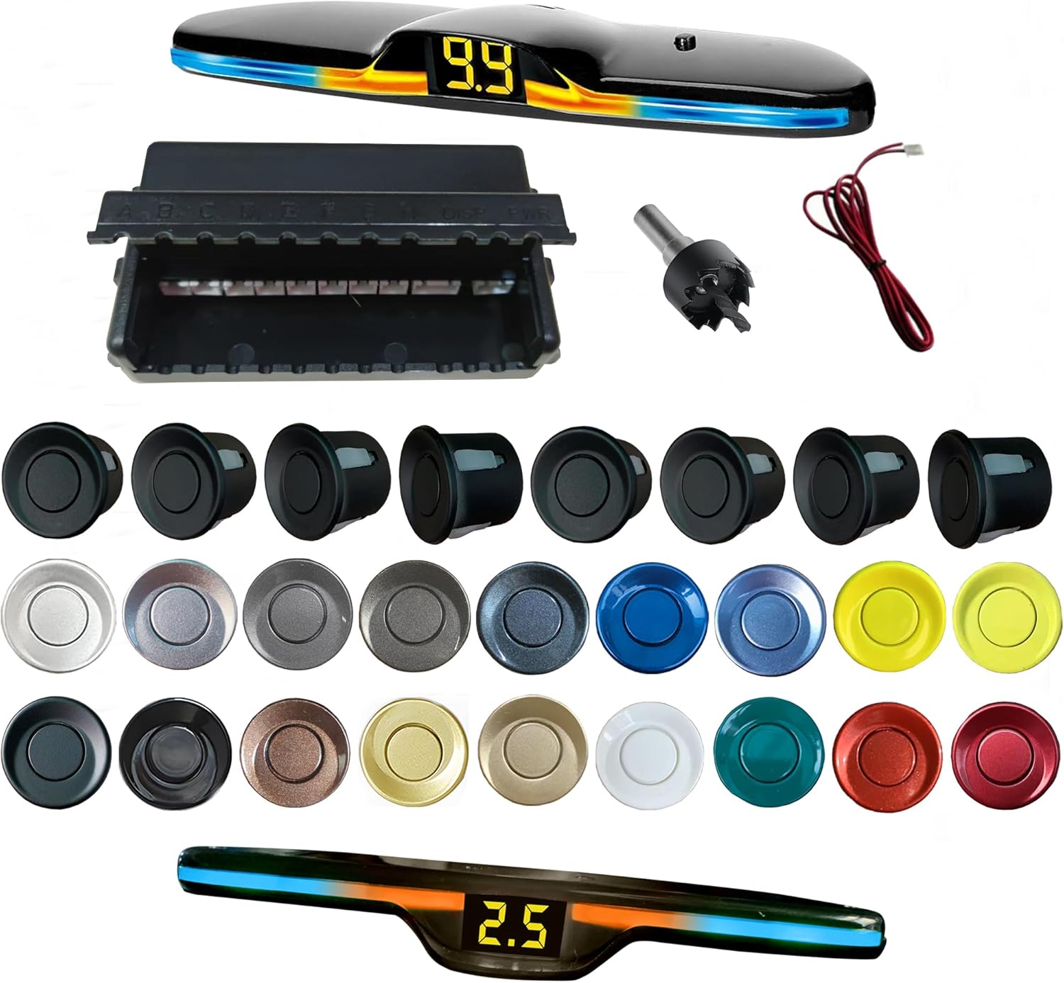 New Features Forward and Reverse Parking sensors, Option to Measure Distance in inches, bidirectional Display Option, and Customizable Digital Direction 18 Color Probes to Choose from(Matte Black)