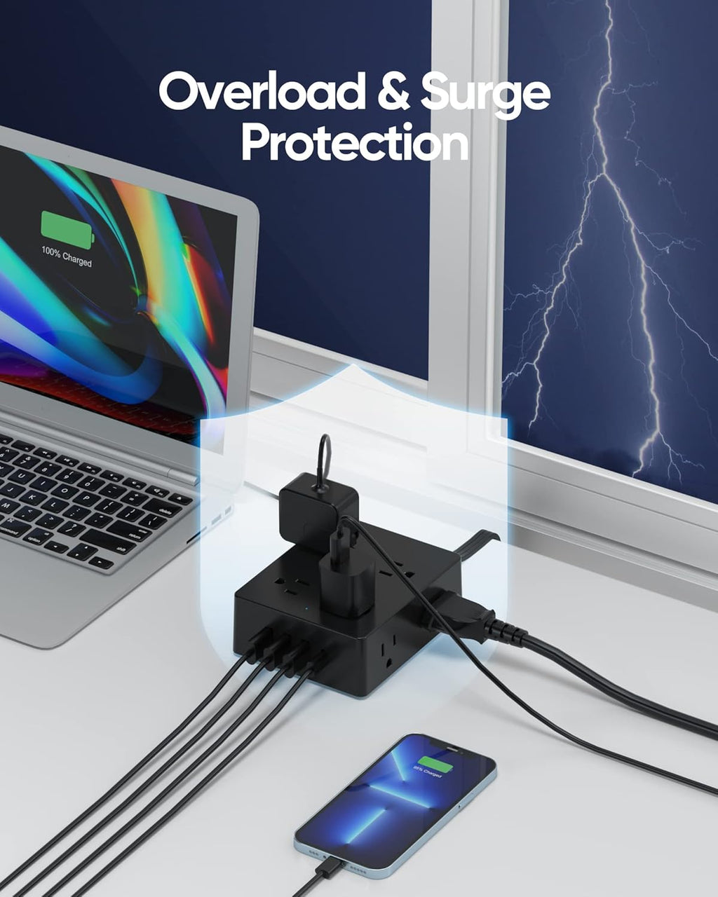 Surge Protector Power Strip, Olcorife 25ft Long Extension Cord with 8 Outlets 4 USB Ports(1 USB C), Flat Wall Plug Outlet Extender, College Dorm Room Essentials, Black