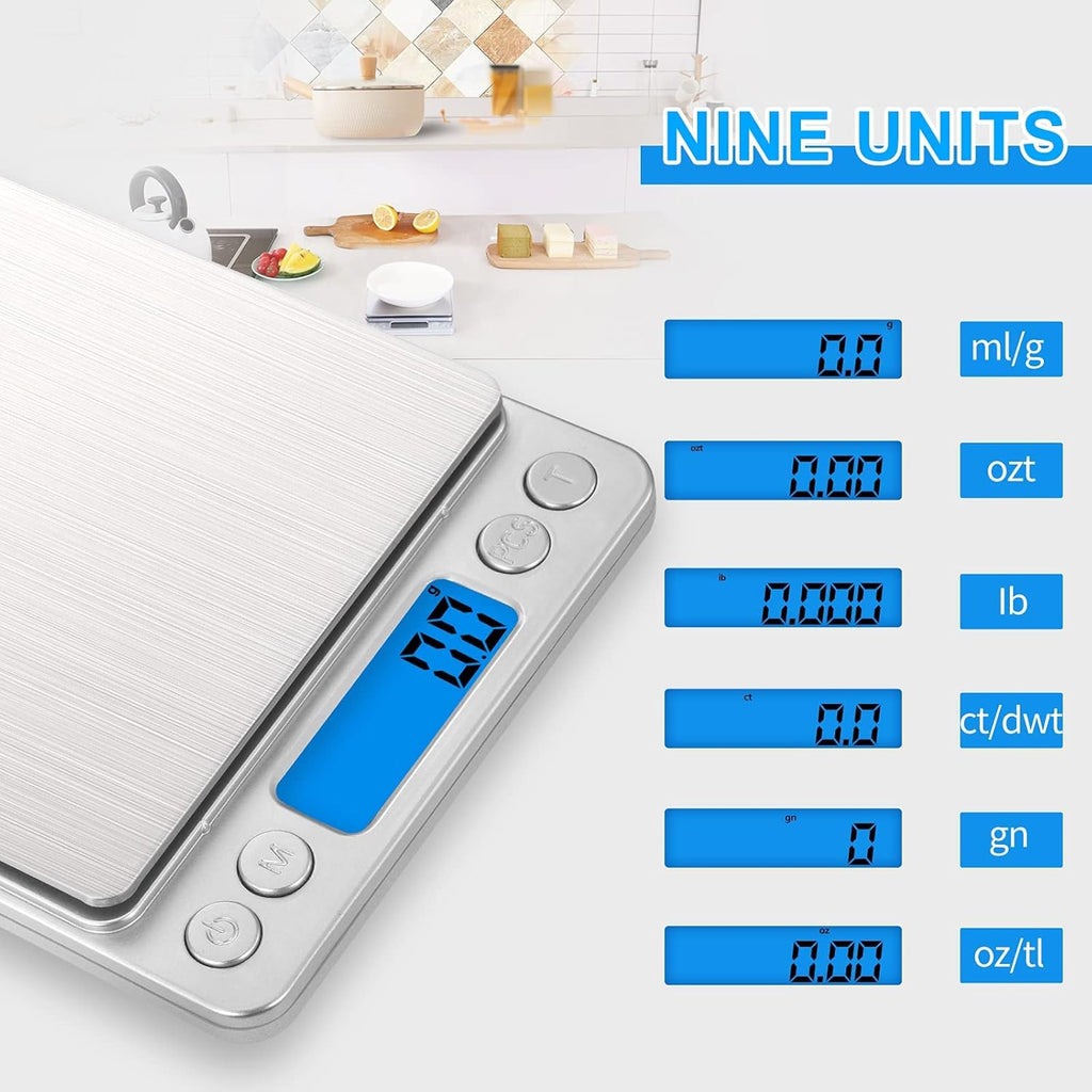 Small Digital Food Scale Ounce/OZ and Gram Scale, Kitchen Scale 3000g/0.1g High Precision for Baking, Soap Making, Jewelry, Includes 2 Trays and Batteries, 9 Units, Tare Function, Easy to Store