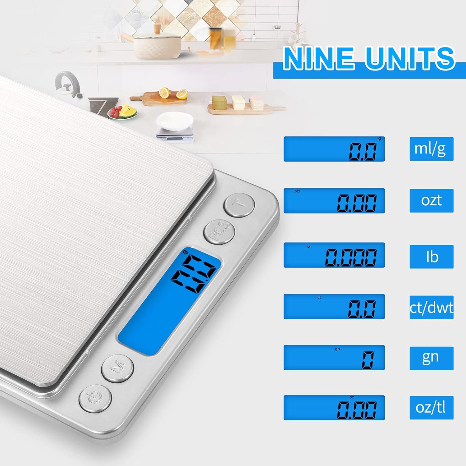 Small Digital Food Scale Ounce/OZ and Gram Scale, Kitchen Scale 3000g/0.1g High Precision for Baking, Soap Making, Jewelry, Includes 2 Trays and Batteries, 9 Units, Tare Function, Easy to Store