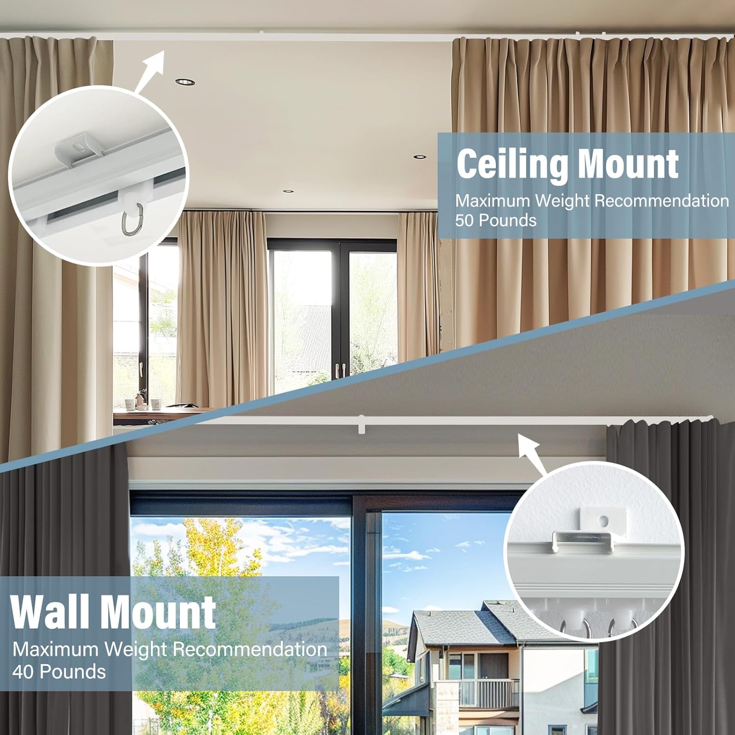 Curtain Track Ceiling Mount heavy duty sliding Curtains Tracks rails Rod System Room Divider with clips 6-9ft White