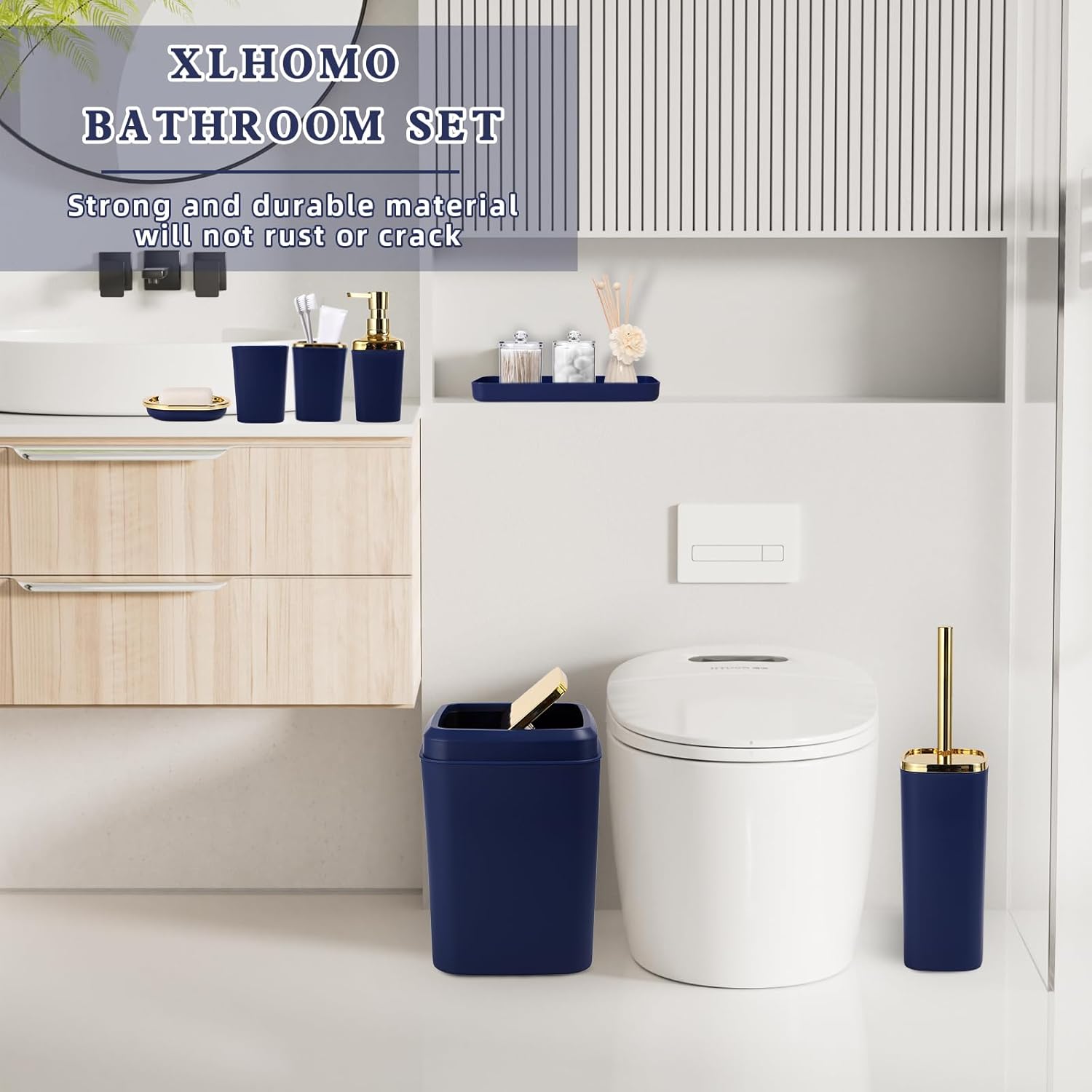 Blue and Gold Bathroom Accessories Set, Bathroom Sets with Shower Curtain, Blue Bathroom Accessories with Trash Can, Soap Dispenser, Soap Dish, Toilet Brush Holder, Qtip Holders for Bathroom