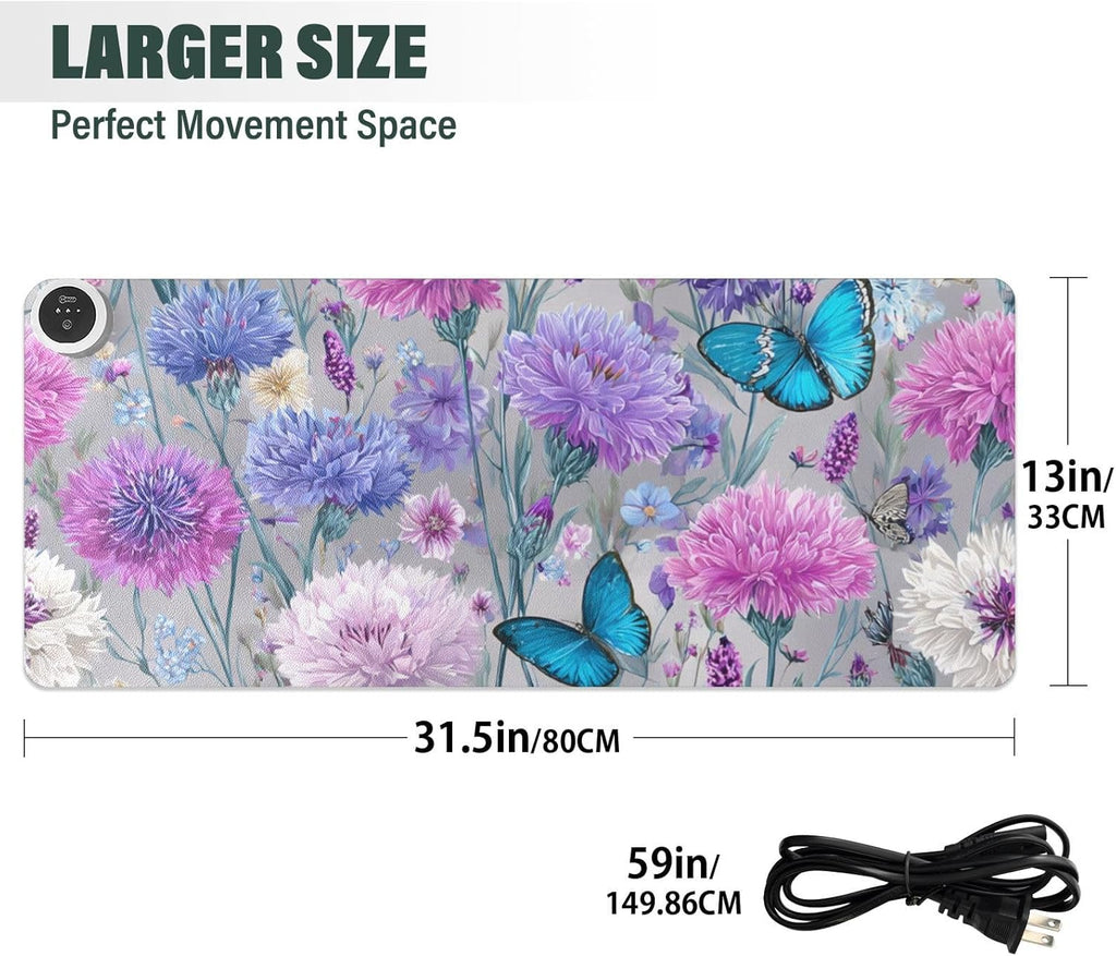 Heated Desk Pad Mouse Pad 31.5x13 Inch PU Leather Desk Mat with 3 Heat Levels Large Mouse Gaming Computer Laptop Mat Grey Pink Corflower Butterfly