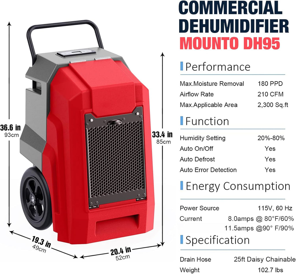 MOUNTO 180Pints Commercial Dehumidifier with Pump and Drain Hose, LGR Portable Dehumidifier with wheels for Home, Basements, Garages, and Job Sites. (Red)