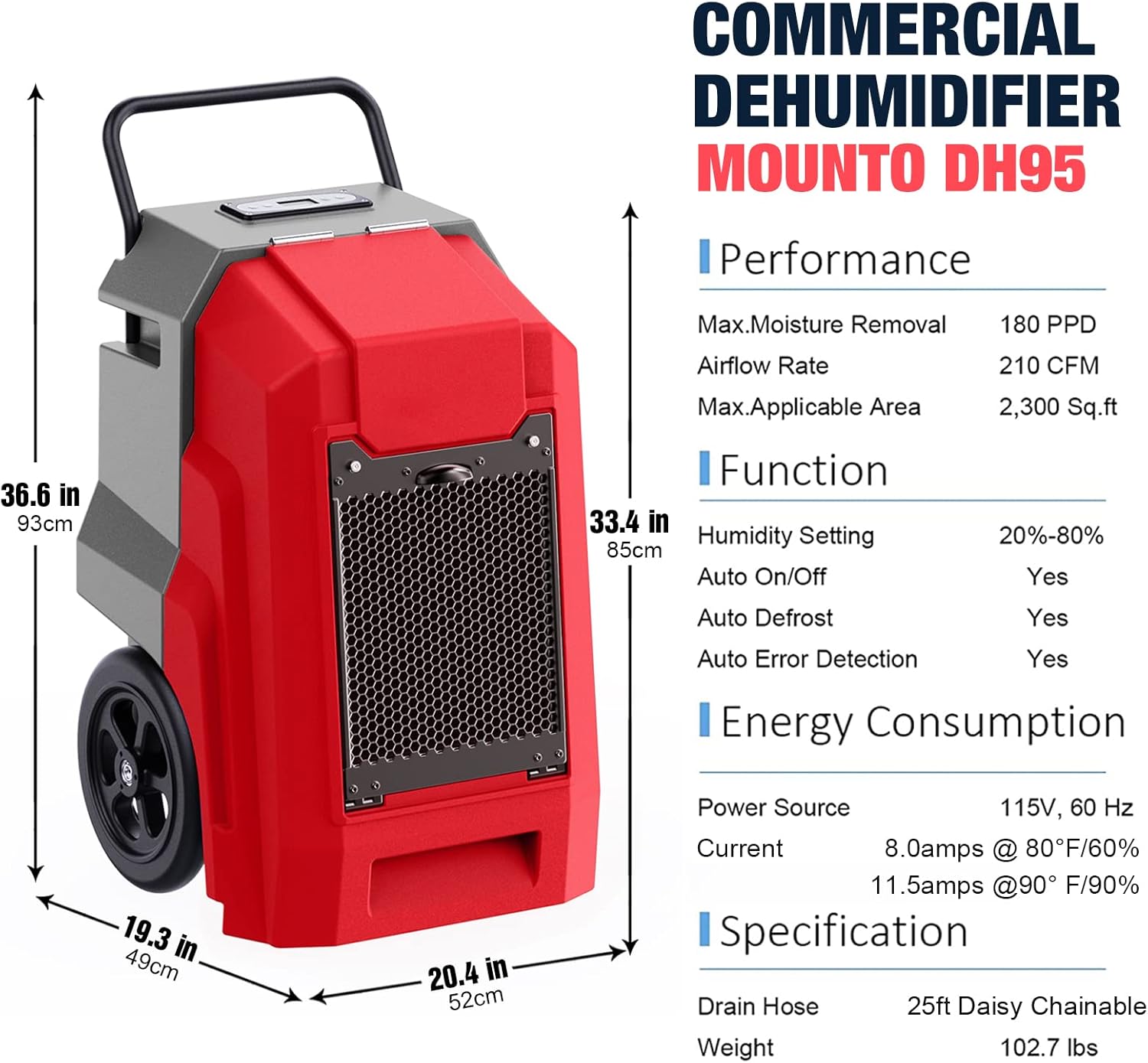 MOUNTO 180Pints Commercial Dehumidifier with Pump and Drain Hose, LGR Portable Dehumidifier with wheels for Home, Basements, Garages, and Job Sites. (Red)