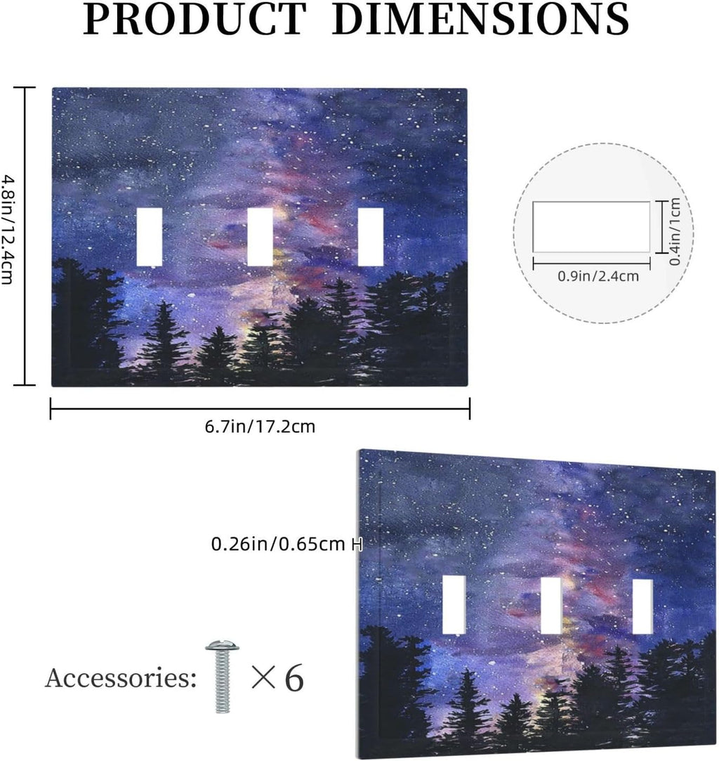Decorative Switch Plates Dream Milky Way Starry Forest Pine Watercolor Painting 3 Gang Wall Plate Faceplate Triple Toggle Light Switch Cover Electrical Wall Panels for Bedroom Home Decor