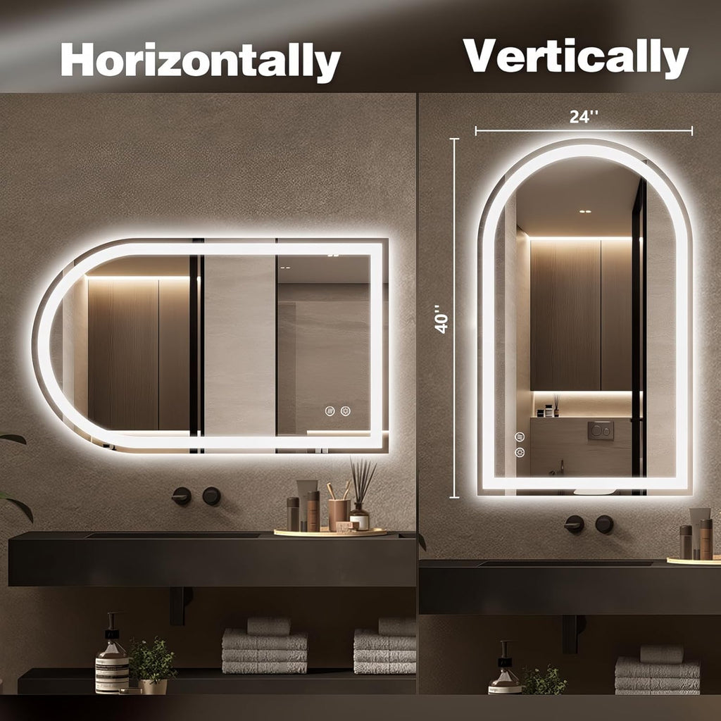 Niccy Arched LED Mirror for Bathroom, 40x24 Vanity Mirror with Light Frameless Bathroom Mirror, Smart Lighted Frontlit Mirrors with Memory Function for Bathroom Bedroom Beauty Hair Salon