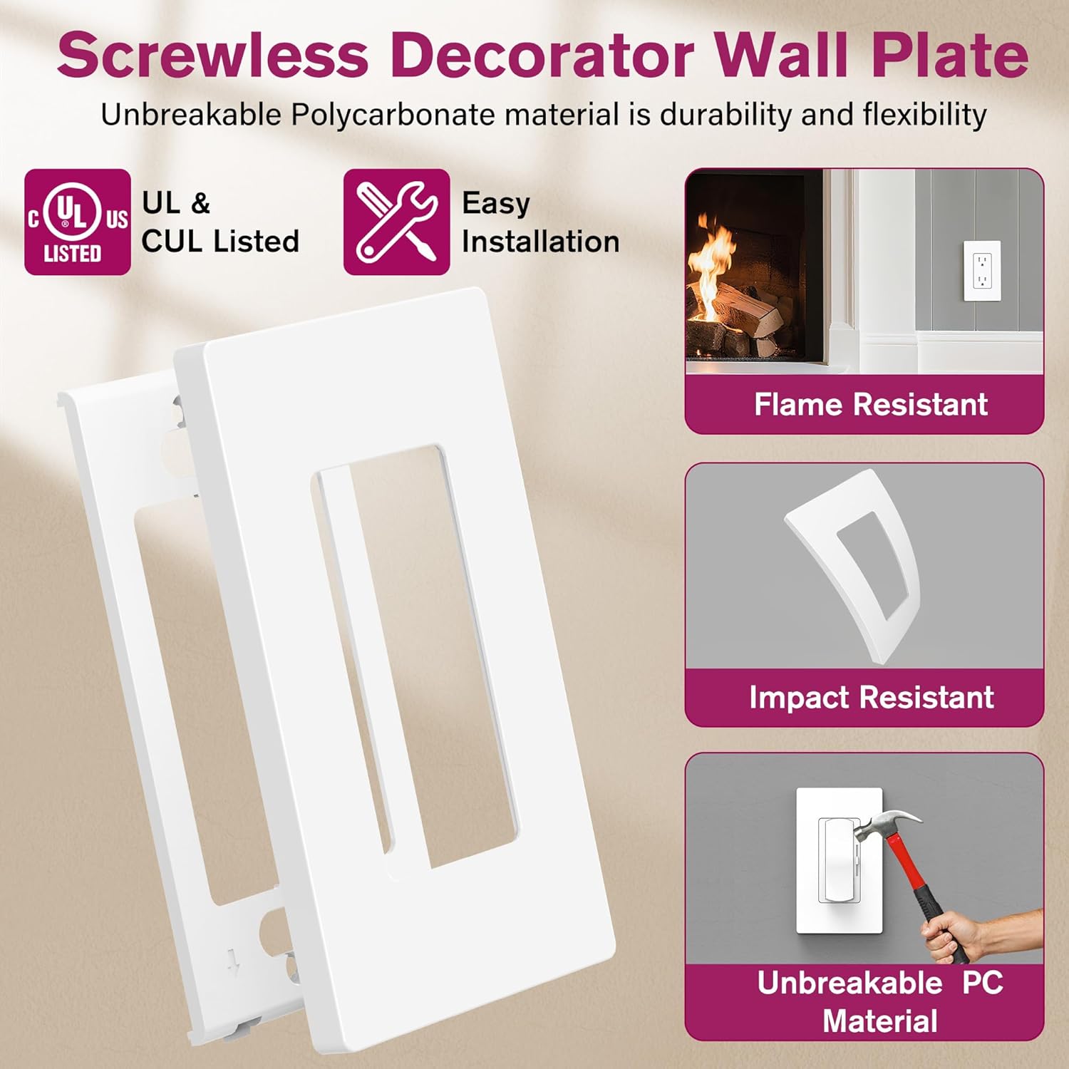 EMITEVER 1-Gang Screwless Decorator Wall Plate Cover for Receptacle Outlet & Light Switch, Standard Size 4.53"H x 2.75"W, Unbreakable Thermoplastic Faceplate, UL Listed, Matte White 1-Pack