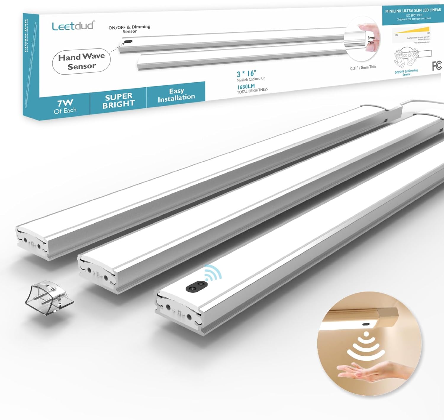 Hand Wave Under Cabinet LED Lighting Plug in, 16 Inch 3 Pcs Dimmable Linkable Ultra Thin Aluminum Alloy Housing, 4000K Natural White Motion Sensor Counter Lights for Kitchen, Shelf, Cupboard
