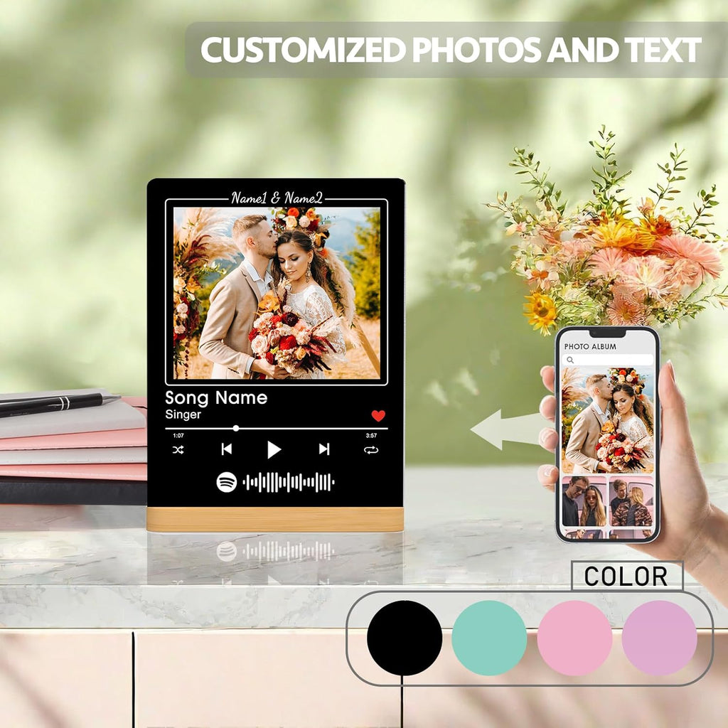 Custom Photo Prints - Metal Desktop Picture Frame with Photos & Spotify Song Plaque & Wooden Base Personalized Gifts for Family Friends and Lovers, Optional Multiple Sizes