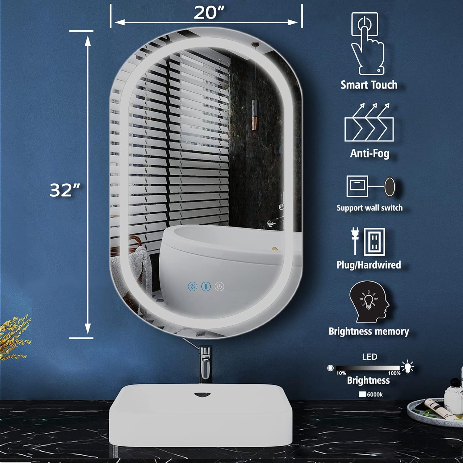 32 x 20 Inch Oval LED Bathroom Mirror with Front Lights Smart Memory 3 Color Adjustable Brightness Anti-Fog 32 Inch Oval Lighted Vanity Mirror for Bathroom Wall Horizontal Vertical Mounted