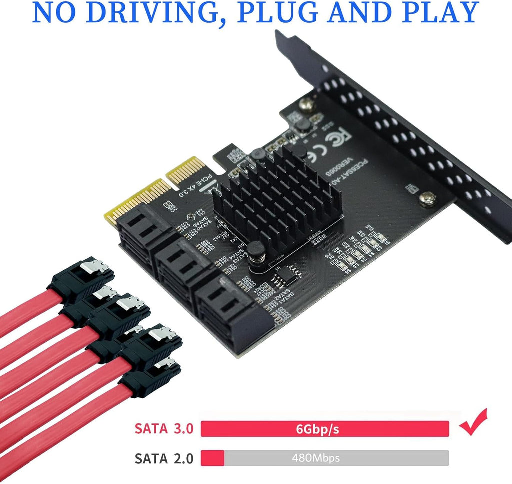 PCIe SATA Expansion Card 6 Ports 4X with ASM1166 Chip - 6Gbps, Gen 3 Controller Adapter, Non-Raid, with 6 SATA Cables & Low - Profile Bracket, Plug and Play for Windows XP/7/8/10, Linux, MAC OS
