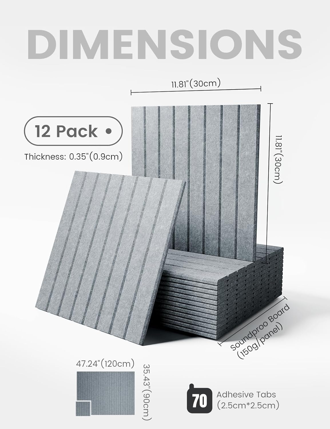 Large Felt Bulletin Board 48" x 36" Cork Board Alternative-12 Pack with 70 Safe Removable Adhesive Tabs, Cork Boards for Walls Pin Board for Home Office Classroom Felt Board-Blue Gray