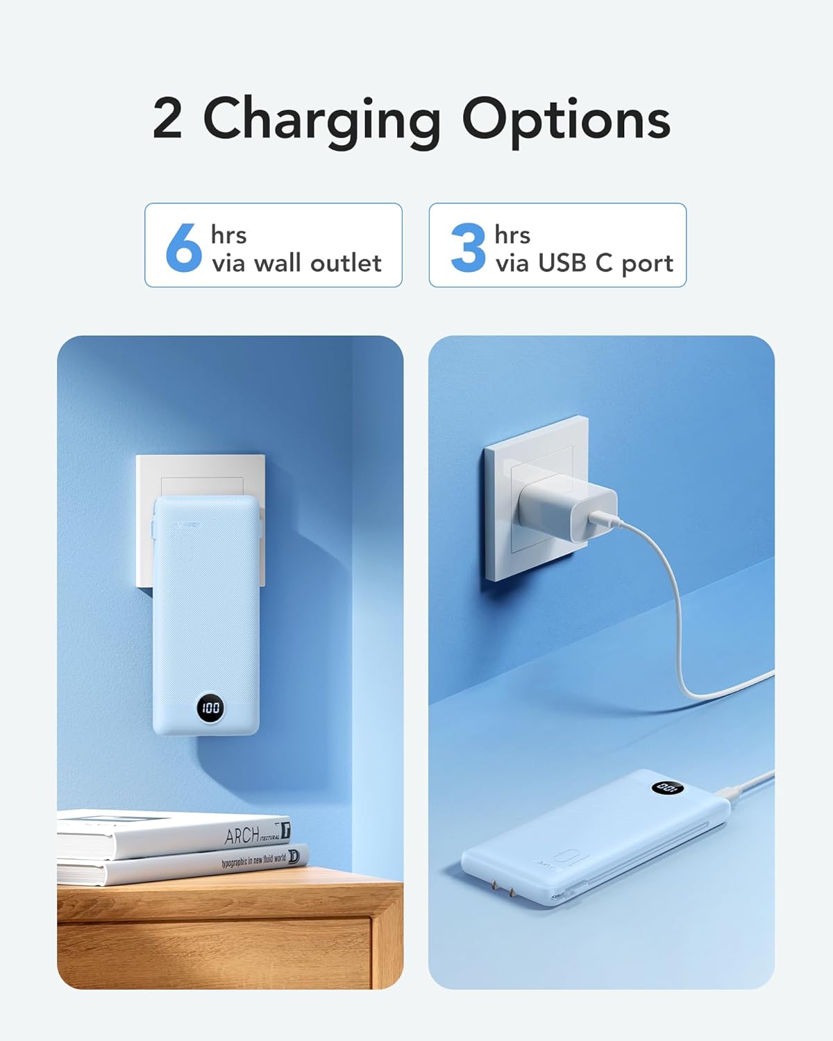 VRURC Portable Charger with Wall Plug and Cables, 10000mAh Power Bank with 22.5W Fast Charging USB Port,4 Outputs Dual Inputs Slim Compact Rechargeable Battery Pack Travel Accessories-Blue(1 Pack)