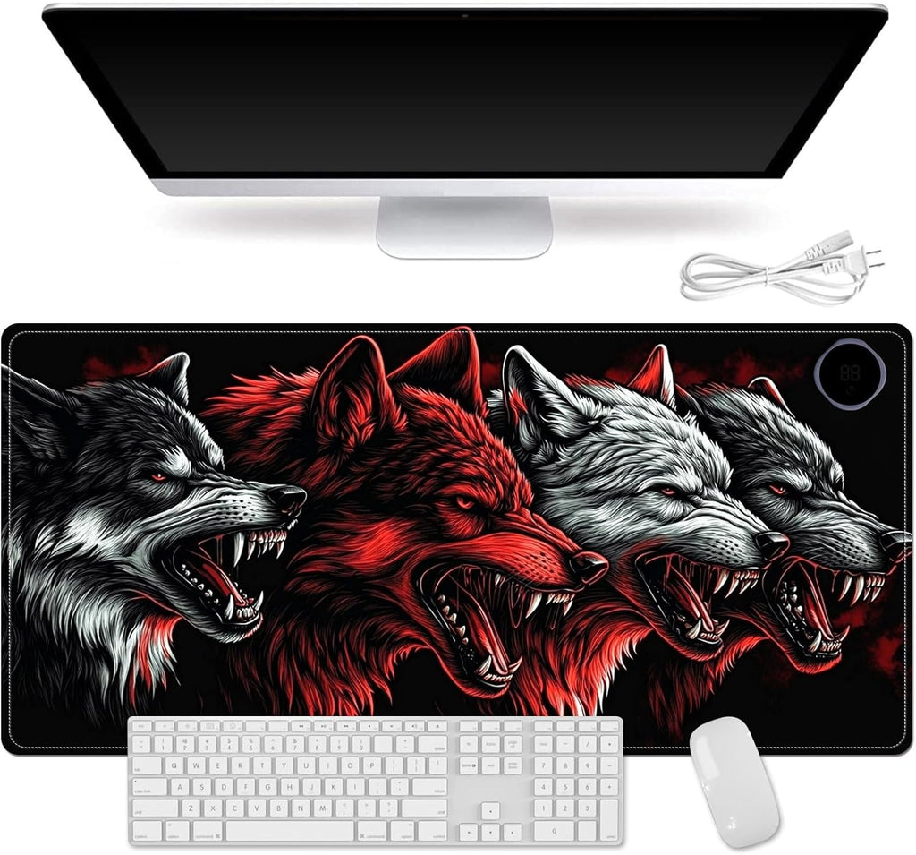 Heated Mouse Pad for Desk 31.5" x 13" – PU Leather Warm Desk Pad with 3 Heat Levels (104°F/113°F/122°F), Plug-in Electric Heating Mat with Auto Shut-Off, Waterproof & Rollable, Four Wolves