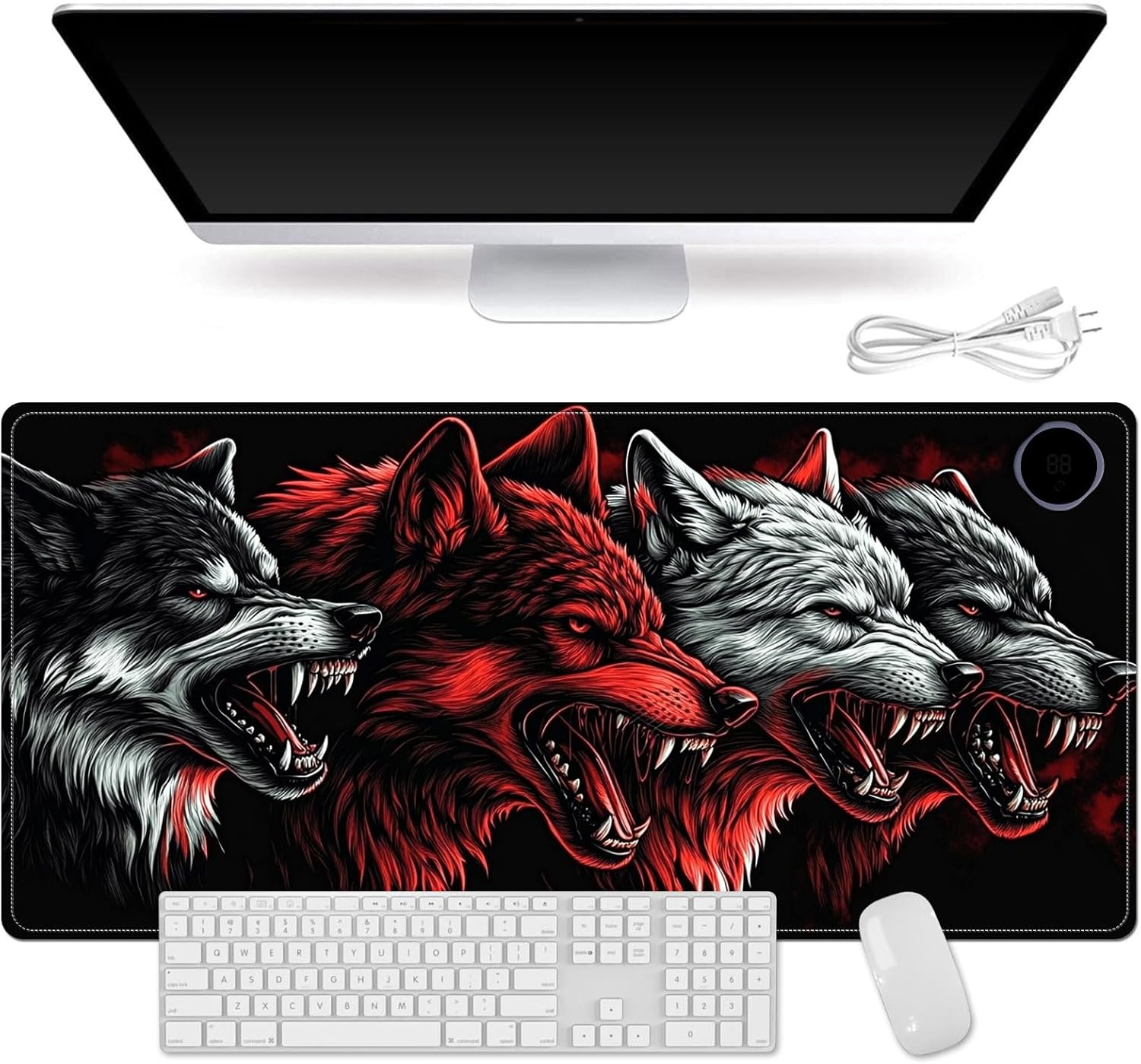Heated Mouse Pad for Desk 31.5" x 13" – PU Leather Warm Desk Pad with 3 Heat Levels (104°F/113°F/122°F), Plug-in Electric Heating Mat with Auto Shut-Off, Waterproof & Rollable, Four Wolves