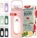 64 oz Glass Water Bottle – Pink | Half Gallon Borosilicate Bottle with Straw, Silicone Sleeve, Time Marker – Cute Leakproof Water Jug for Women, Gym, Travel