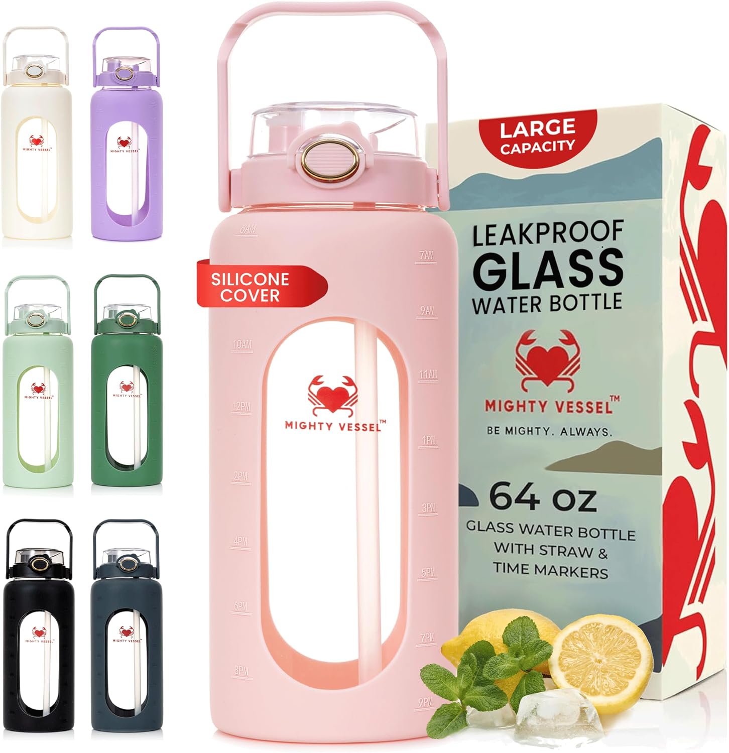 64 oz Glass Water Bottle – Pink | Half Gallon Borosilicate Bottle with Straw, Silicone Sleeve, Time Marker – Cute Leakproof Water Jug for Women, Gym, Travel