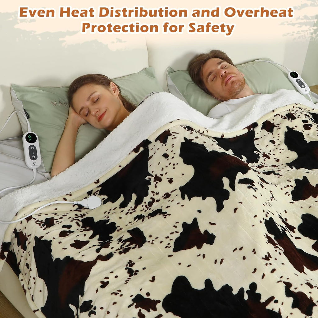 Cow Print Heated Blanket, 90"x90" Queen Size Electric Blanket Dual Control, Cozy Soft Flannel Sherpa Heating Blankets with 9 Heat Levels & 2/4/8/12H Auto-Off
