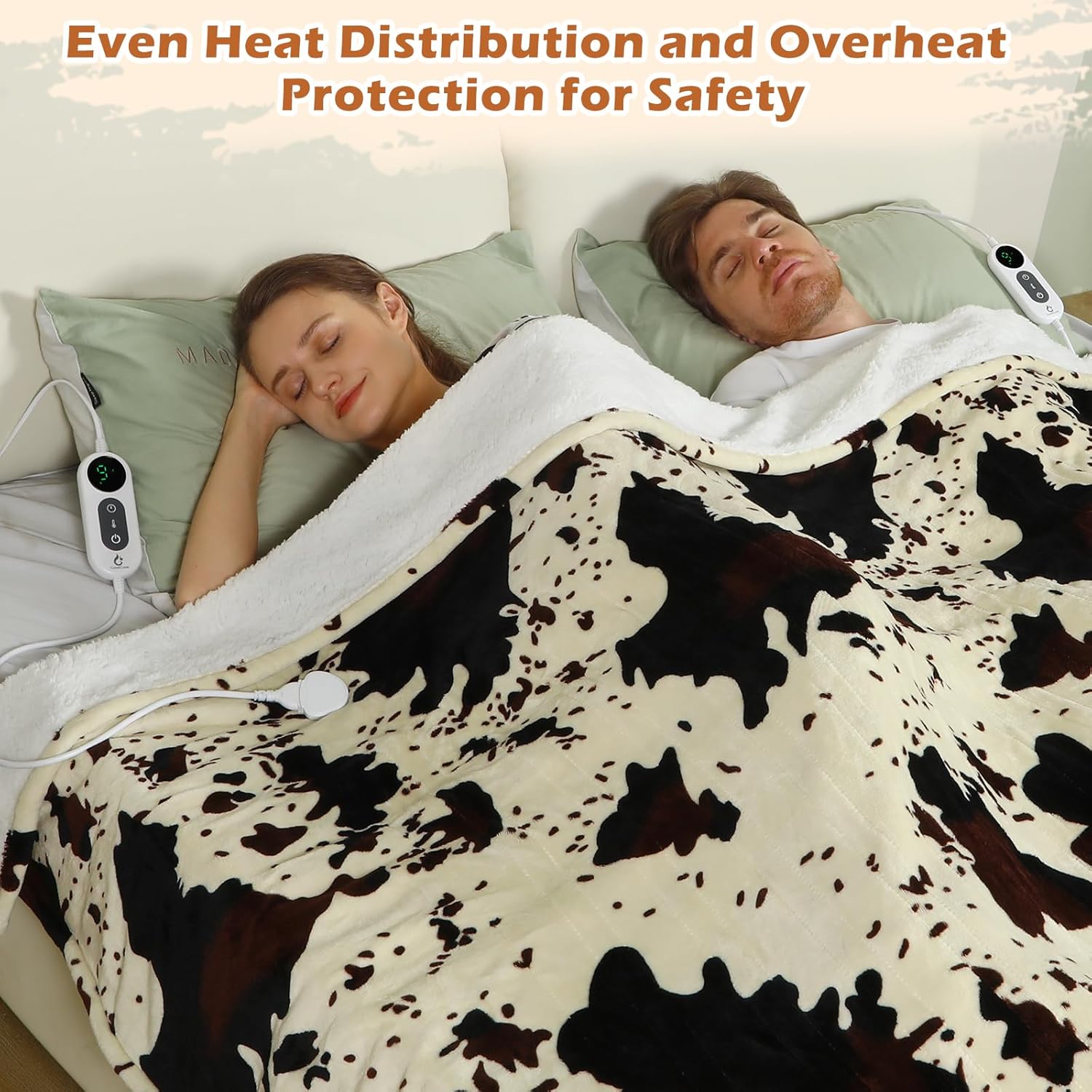 Cow Print Heated Blanket, 90"x90" Queen Size Electric Blanket Dual Control, Cozy Soft Flannel Sherpa Heating Blankets with 9 Heat Levels & 2/4/8/12H Auto-Off