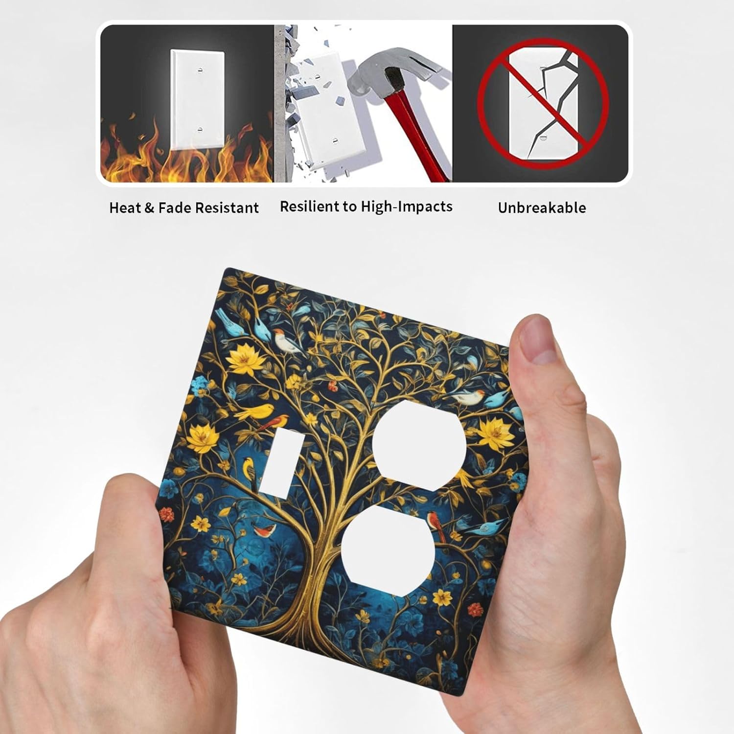 Decorative Outlet Covers Gold Tree of Life Blue Bird Yellow Flower 2 Gang Wall Plate Single Toggle Duplex Light Switch Cover Switch Plate Covers Faceplate for Bedroom Home Decor