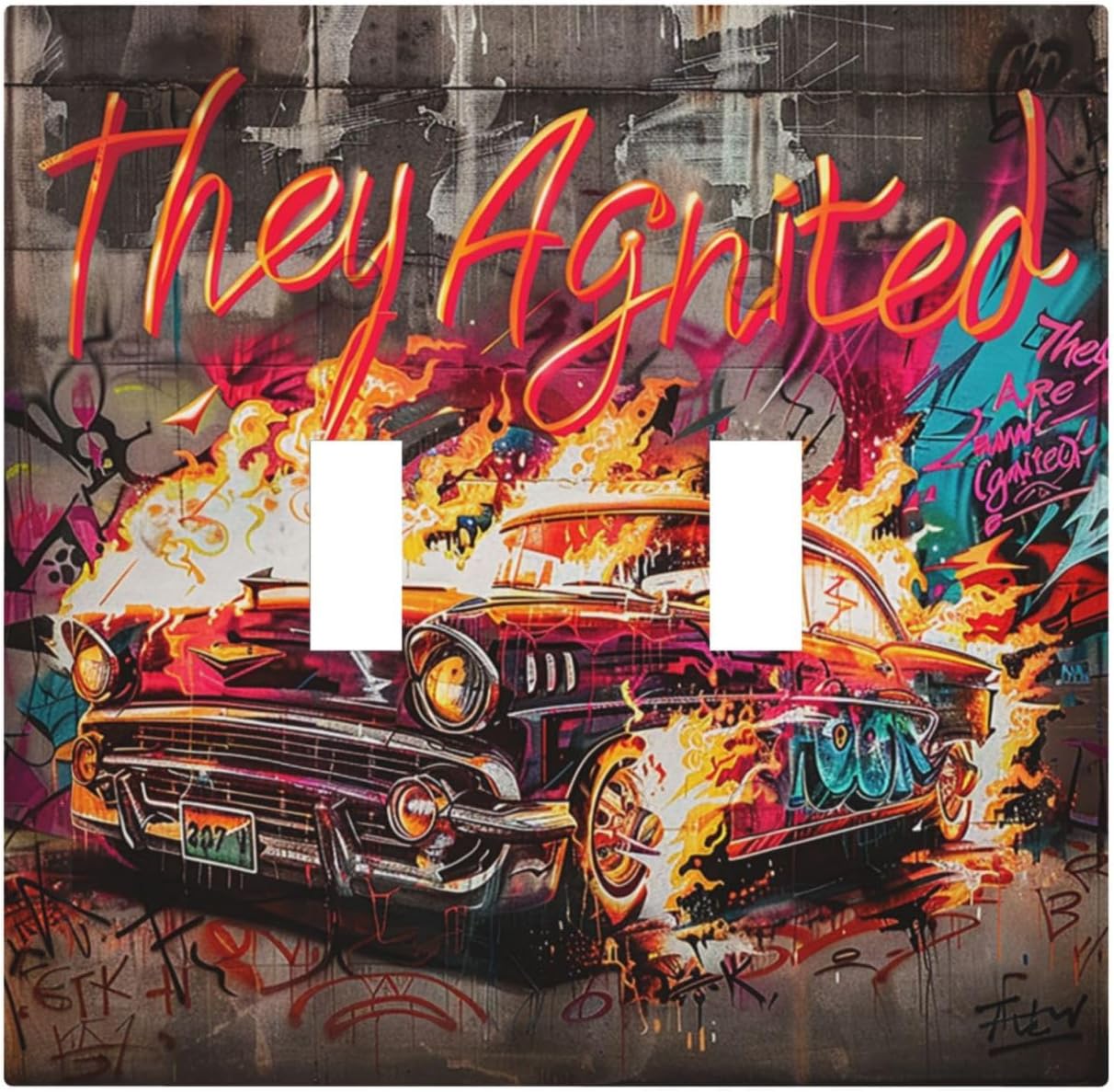 Decorative Switch Plates Hip Hop Street Graffiti Flame Car 2 Gang Double Toggle Outlet Light Switch Cover Wall Plate Electrical Faceplate for Bedroom living Room Decor