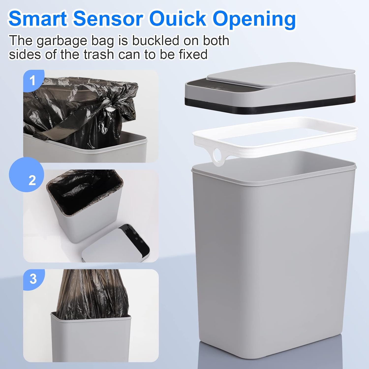 Smart Touchless Bathroom Trash Can 2.2 Gallon Automatic Motion Sensor Rubbish Can with Lid Electric Narrow Small Garbage Bin for Kitchen, Office, Toilet, Bedroom (Grey)