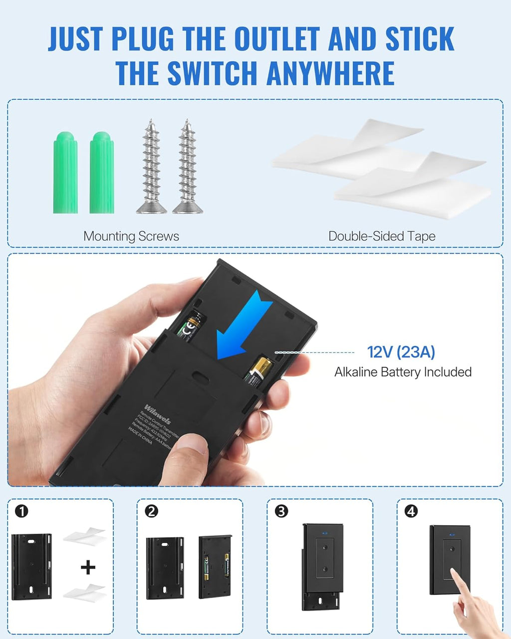 Black Remote Control Outlet Plug, WILAWELS Wireless Light Switch, On Off Remote Switch Outlet for Lights, Lamps, Home Appliance, 100ft RF Range, FCC Listed (2 Controllers + 1 Outlet) H05RC2106