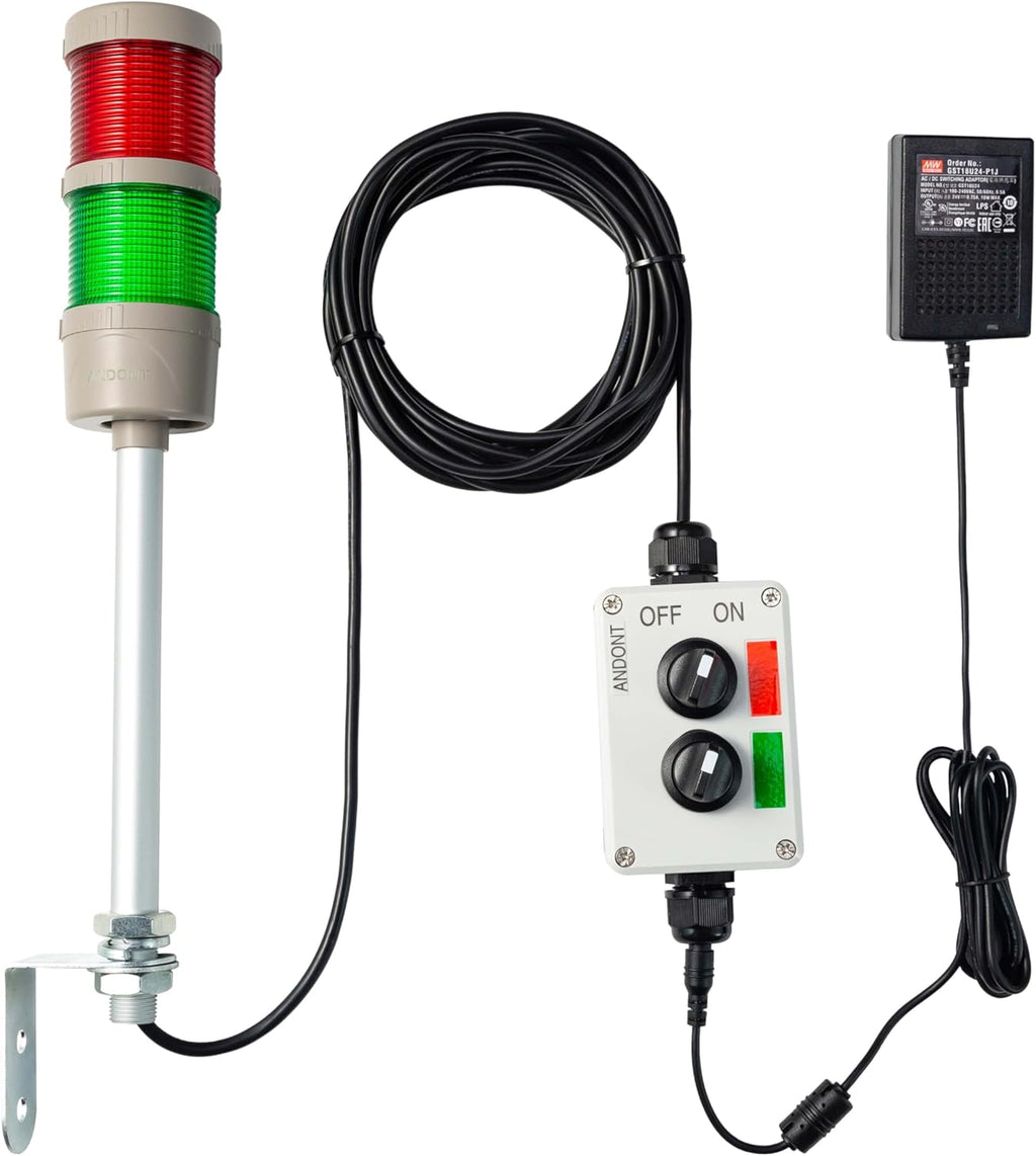 2 Stack Super Bright LED Andon Tower Lights, Red/Green, Off-ON,16 ft Extension Cord, 6 ft Industrial Adapter, IP65, Plug Play Ready – for Manufacturing & Industrials, Automotive