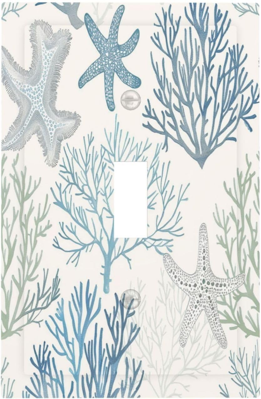 Decorative Light Switch Cover Ocean Beach Theme Starfish Seashell Coral 1 Gang Single Toggle Device Electrical Faceplate Switchplates Decorator Outlet Wall Plate For Bathroom Kids Room