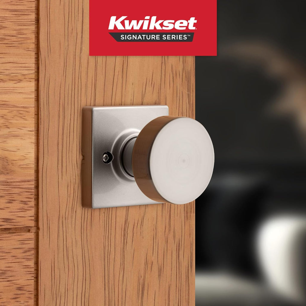 Kwikset Pismo Dummy Door Knob, Single Sided Handle for Closets, French Double Doors, and Pantry, Satin Nickel Non-Turning Interior Push/Pull Door Knob, with Microban Protection