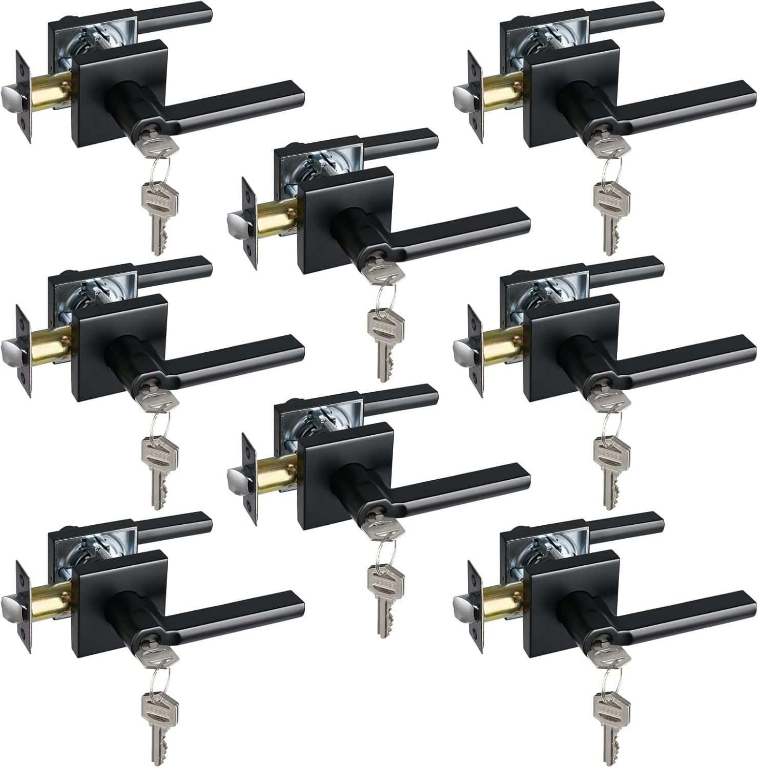 Keyed Entry Door Lever with Lock, Heavy Duty Square Interior Handle for Front Door and Office, Matte Black, Reversible for Right&Left Handed, 8Packs
