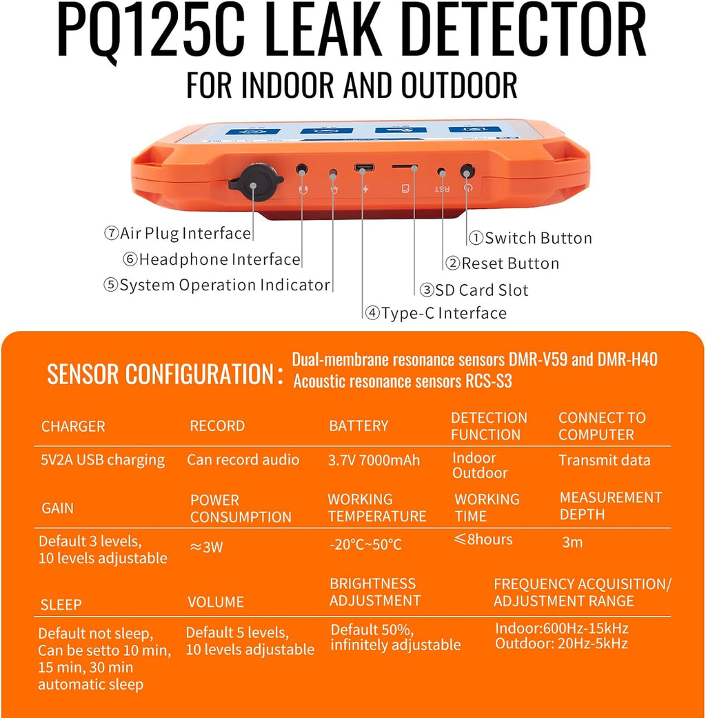 PQWT Underground Water Leak Detectors for Home and Outdoor PQ125C Wall Pipe Water Leakage Detection with Touchscreen Earphone and Carrying Case Multi Sensor Acoustic Pipeline Sound Intensifier