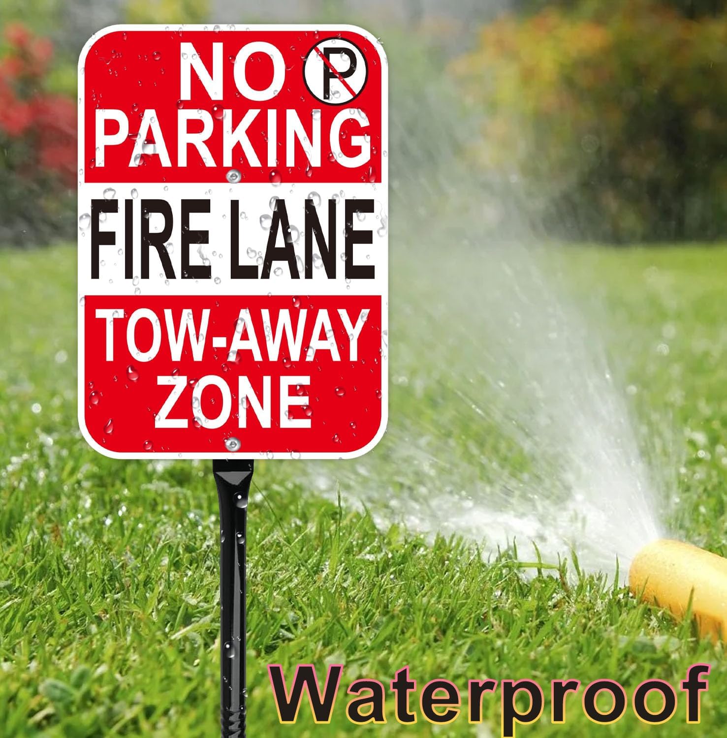 No Parking Fire Lane Sign, with 54 Inch Black Metal Stakes, 10 x 14 Inches Reflective Sheeting Rust Free Aluminum, 2 Pack, Indoor/Outdoor Use