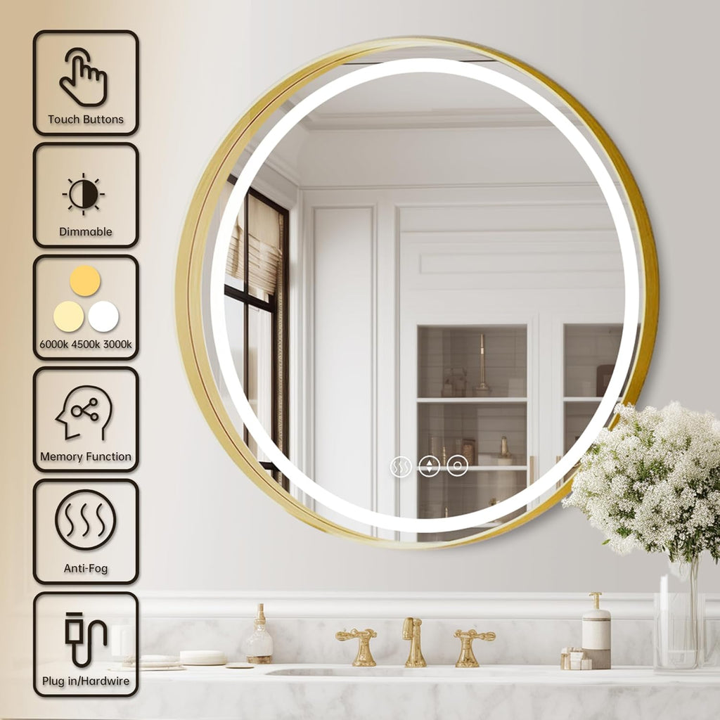 Gold Round Mirror 28 Inch, Metal Framed Frontlit Bathroom Mirror, Circle Mirrors for Wall, Led Light Mirror with Anti-Fog, Memory Function, 3 Color Temperature, Dimmable Makeup Mirrors