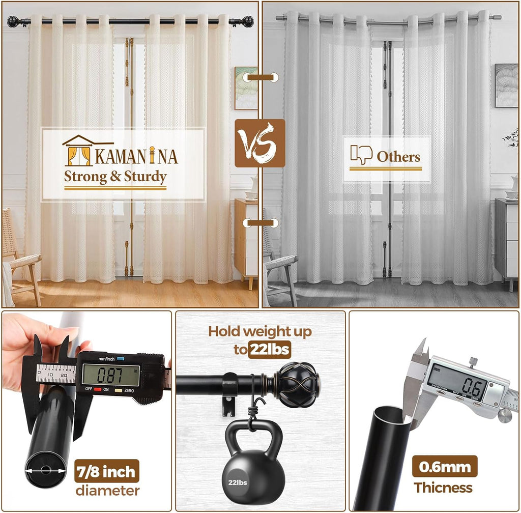 KAMANINA 2 Pack Curtain Rods for Windows 48 to 84 Inch, Black Heavy Duty Curtain Rod Adjustable, 7/8 Inch Single Decorative Drapery Rods 32 to 86 Inch(2.6-7.1Ft), Netted Texture Finials