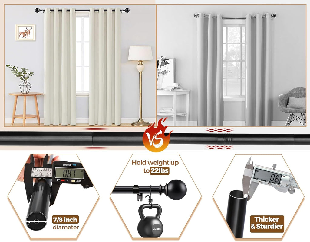 KAMANINA 2 Pack Curtain Rods for Windows 48 to 84 Inch (4-7ft), 7/8 Inch Single Heavy Duty Window Curtain Rod Adjustable Decorative Drapery Rods with Round End, Black