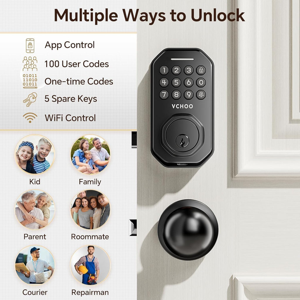 Keyless Entry Door Lock with 2 Knobs App Control Smart Locks for Front Door WiFi Door Lock Set Automatic Lock One Time Password Anti Peeping Password IP54, Black
