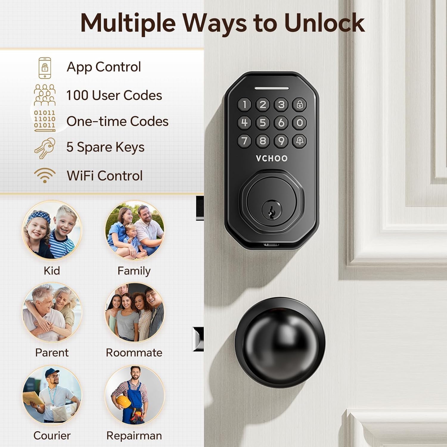 Keyless Entry Door Lock with 2 Knobs App Control Smart Locks for Front Door WiFi Door Lock Set Automatic Lock One Time Password Anti Peeping Password IP54, Black