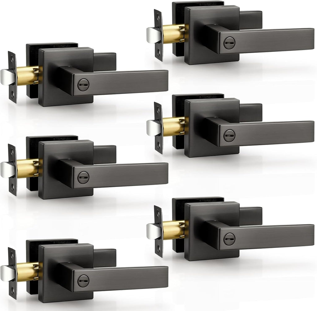 Probrico Privacy Interior Gunmetal Black Door Handles 6 Pack, Grey Heavy Duty Locking Levers for Bedroom & Bathroom