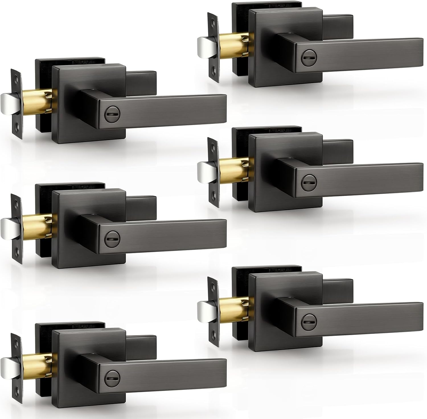Probrico Privacy Interior Gunmetal Black Door Handles 6 Pack, Grey Heavy Duty Locking Levers for Bedroom & Bathroom