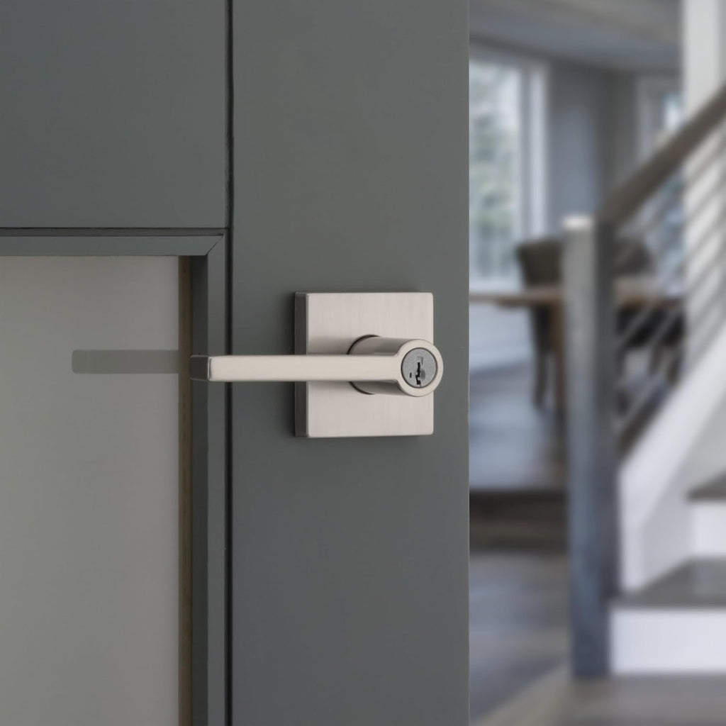 Kwikset Halifax Entry Door Handle with Lock and Key, Secure Keyed Reversible Lever Exterior, for Front Entrance and Bedrooms, Satin Nickel, 4 Pack, Pick Resistant SmartKey Rekey Security and Microban